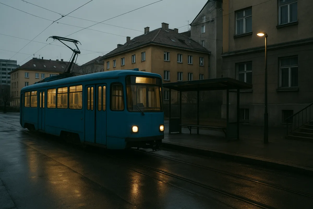 Plavi tramvaj na stajalištu u sumrak - Zagreb